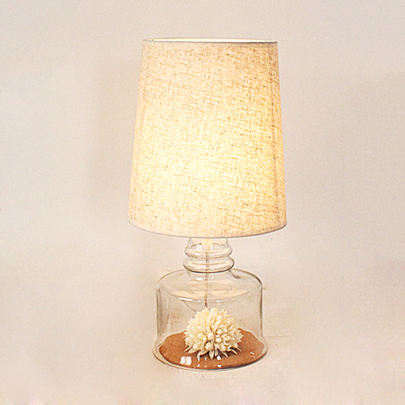 Jade - Pastoral Bucket Table Lamp 1-Bulb Fabric Night Light In Clear/Blue/Black With Dried Flower