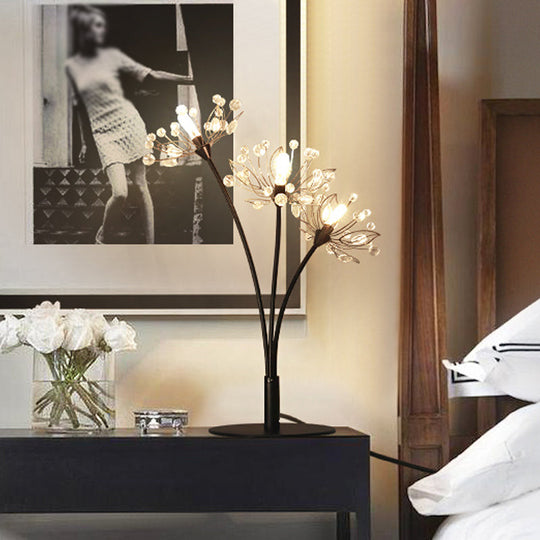 Victoire - Black Contemporary 3 Heads Desk Lamp With Hand-Cut Crystal Shade Blossom Nightstand Light