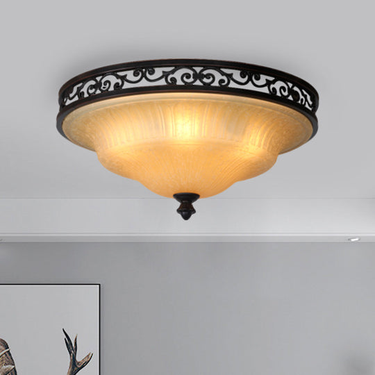 Fluted Glass Led Ceiling Light With Black Cover Lid Traditional Style For Dining Hall -