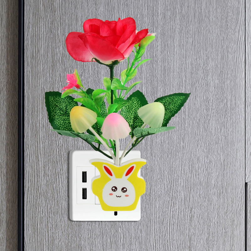 Contemporary Plastic Blooming Flower Wall Nightlight - Yellow/Pink/Peach Led Night Light With Plug
