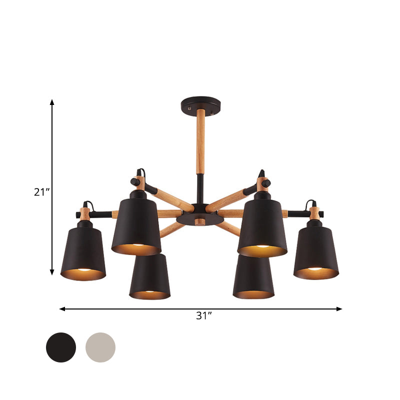 Nordic Metal Chandelier Light With 6 Bulbs & Wooden Arm - Black/White Suspension Lamp For Living
