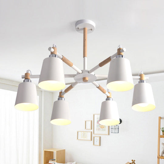 Nordic Metal Chandelier Light With 6 Bulbs & Wooden Arm - Black/White Suspension Lamp For Living
