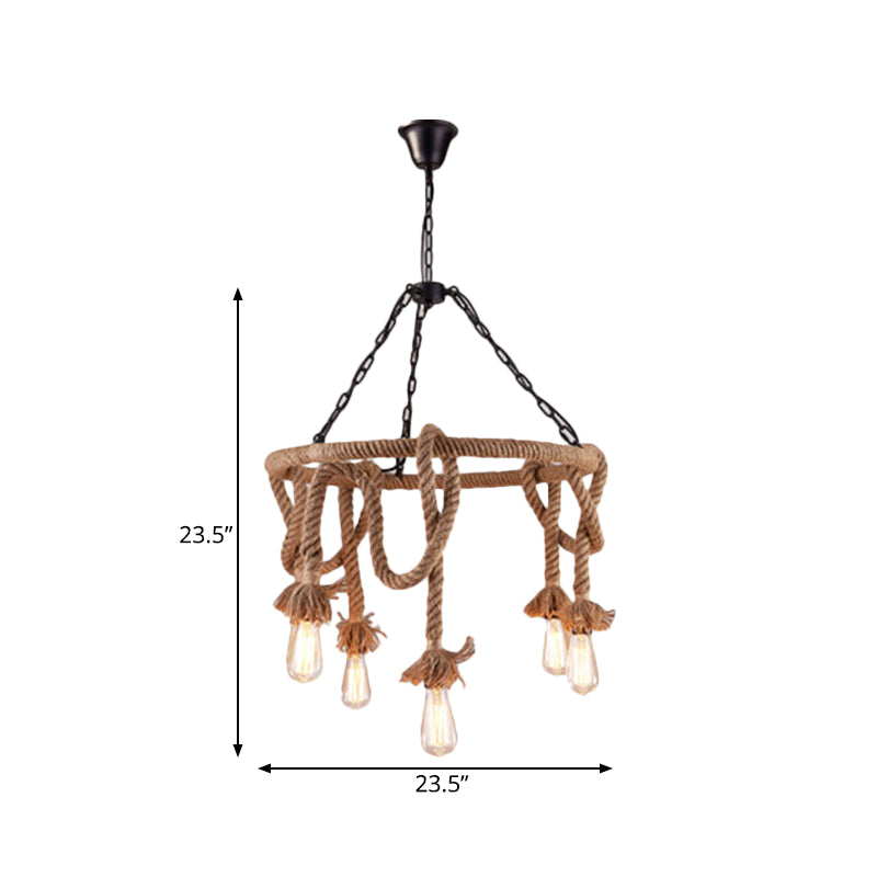 Hemp Rope Brown Pendant Chandelier - 6-Light Countryside Ceiling Light For Restaurant