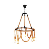 Hemp Rope Pendant Chandelier With 6 Bare Bulb Lights For Rustic Ceiling Decor