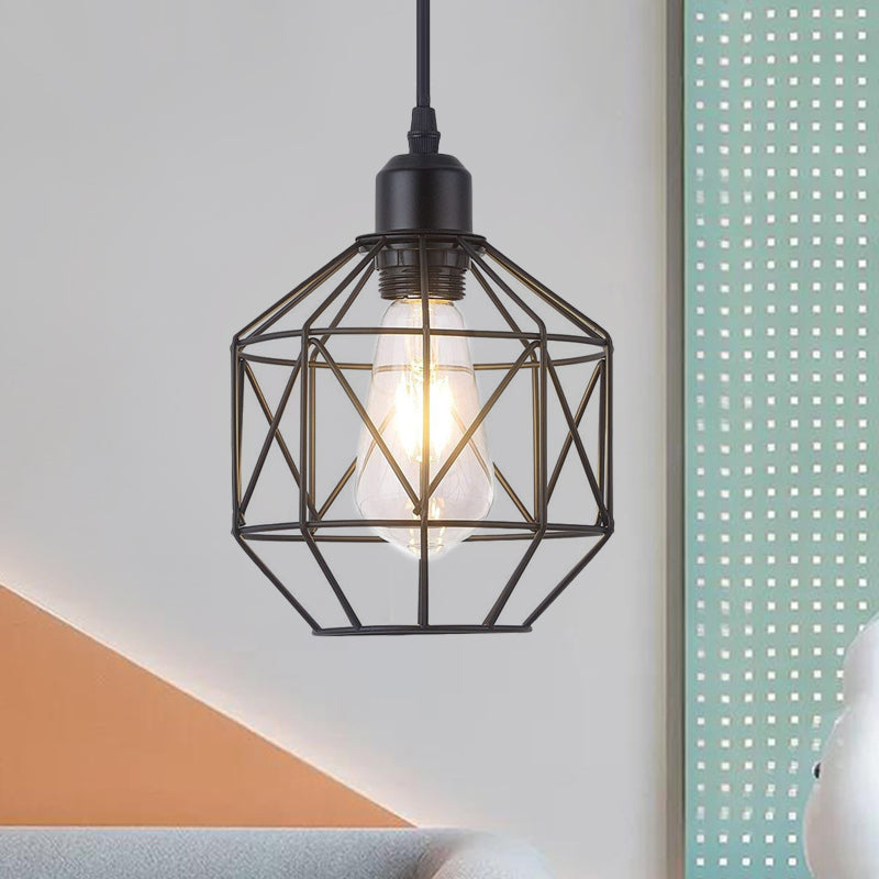 Industrial-Style Prism Cage Pendant Light - 1 Head Down Lighting In Black For Dining Room