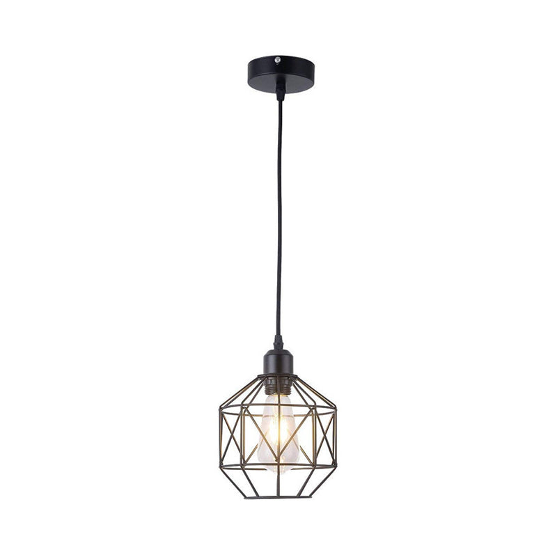 Industrial-Style Prism Cage Pendant Light - 1 Head Down Lighting In Black For Dining Room