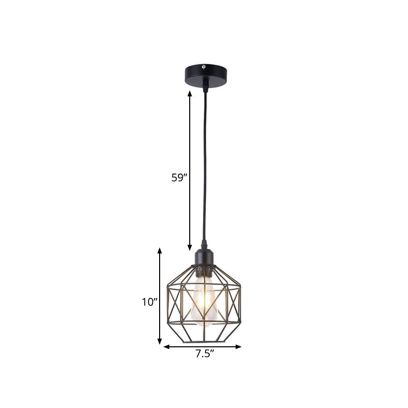 Industrial-Style Prism Cage Pendant Light - 1 Head Down Lighting In Black For Dining Room