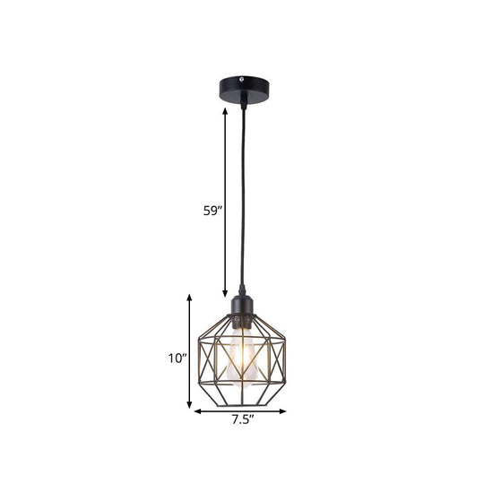 Industrial-Style Prism Cage Pendant Light - 1 Head Down Lighting In Black For Dining Room
