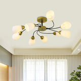 Iron Black/Gold Ceiling Spiral Semi Flush Mount Light With Tapered White Glass Shade - 9/12-Head