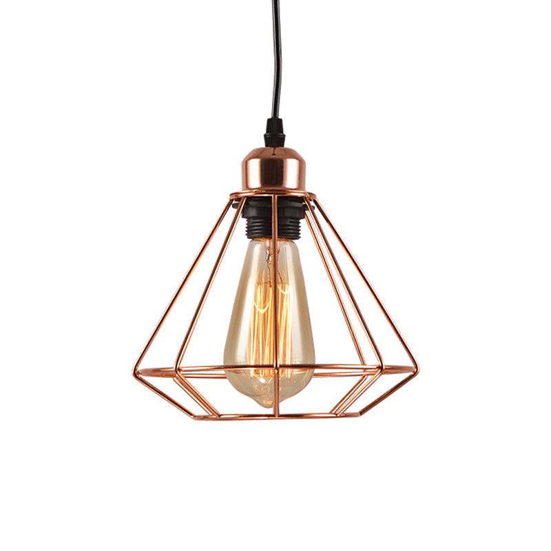 Rose Gold Iron Diamond Cage Pendant Lamp - Industrial Ceiling Light With 1-Bulb