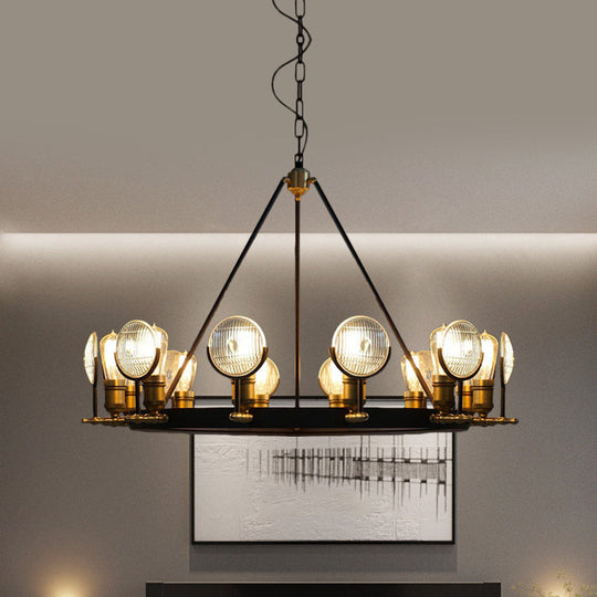 Vintage Black Grid Glass Lens Chandelier Lamp - 6/9/12 Lights Hanging Light Kit For Restaurants 12 /