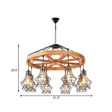 Wood Suspension Wagon Wheel Chandelier For Dining Hall - 6/8-Light Ceiling Fixture With Wire Cage