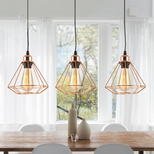 Rose Gold Iron Loft Style Dining Room Ceiling Lamp With Diamond Cage - 3 Heads Multi Hanging