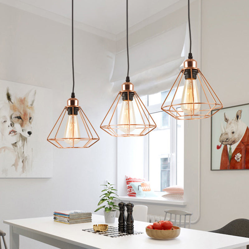 Rose Gold Iron Loft Style Dining Room Ceiling Lamp With Diamond Cage - 3 Heads Multi Hanging