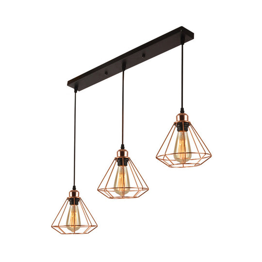 Rose Gold Loft Style Dining Room Ceiling Lamp With Multi Hanging Lights Diamond Cage And Canopy