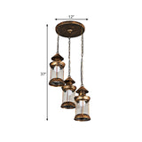 Coastal Kerosene 3-Head Pendant Lamp In Brass With Clear Ribbed Glass Shade