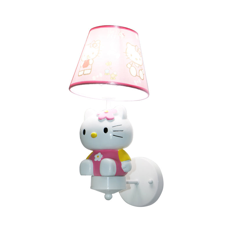 Kitty Girls Room Wall Lighting: Cute Pink Resin Cartoon Sconce Fixture With Fabric Shade