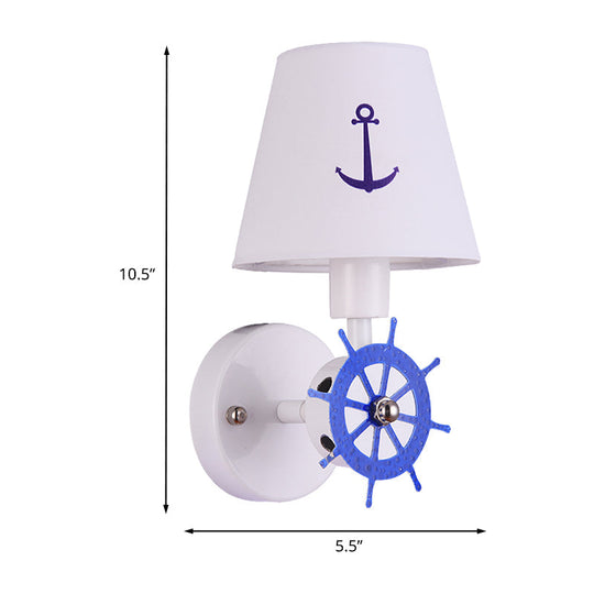 Coastal Metallic Wall Mounted Sconce With Wheel Rudder Design White-Blue Fixture & Fabric Shade