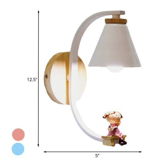 Tapered Iron Wall Mount Lamp - 1 Light Pink/Blue And Wood Sconce With Moon/Portrait Decor