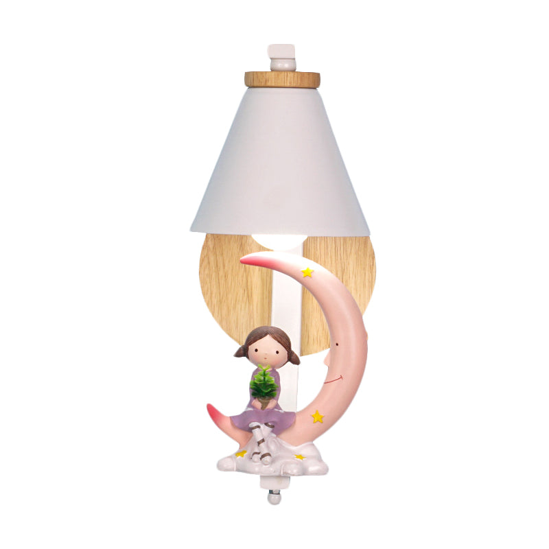 Tapered Iron Wall Mount Lamp - 1 Light Pink/Blue And Wood Sconce With Moon/Portrait Decor