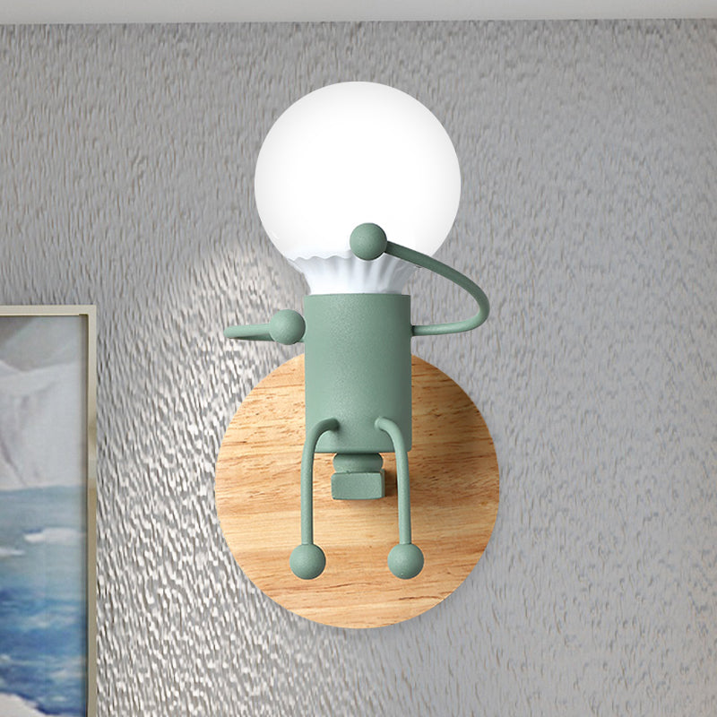 Fun Robot Design Bedside Wall Sconce With Single Iron Lamp Socket For Kids - Available In Grey Green