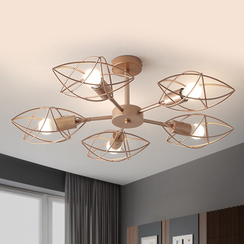 Colonial Iron Star Cage Gold Semi Flush Mount - 5 - Light Close To Ceiling Lighting Fixture For