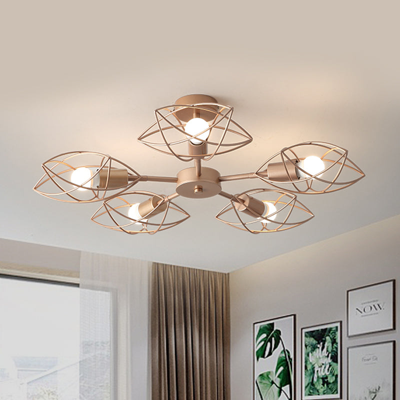 Colonial Iron Star Cage Gold Semi Flush Mount - 5 - Light Close To Ceiling Lighting Fixture For