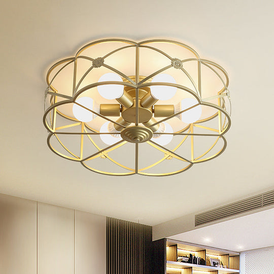 Scalloped Cage Iron Gold Flush Mount With 6 Bulbs - Stylish Colonial Ceiling Light Fixture For