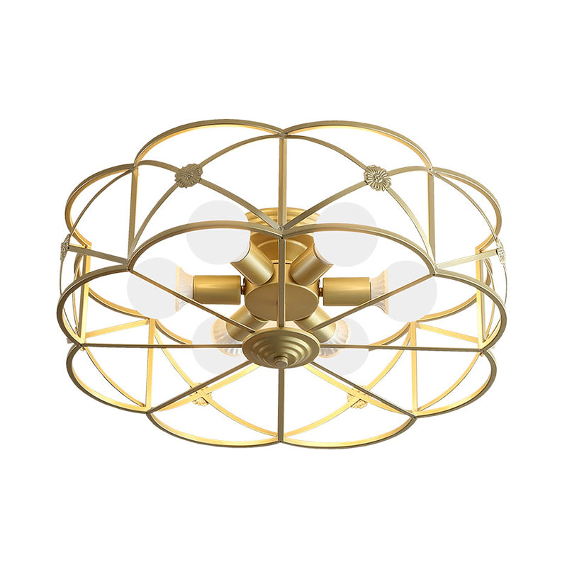 Scalloped Cage Iron Gold Flush Mount With 6 Bulbs - Stylish Colonial Ceiling Light Fixture For