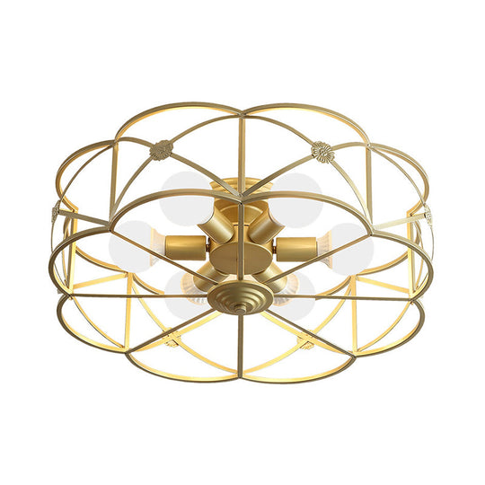 Scalloped Cage Iron Gold Flush Mount With 6 Bulbs - Stylish Colonial Ceiling Light Fixture For