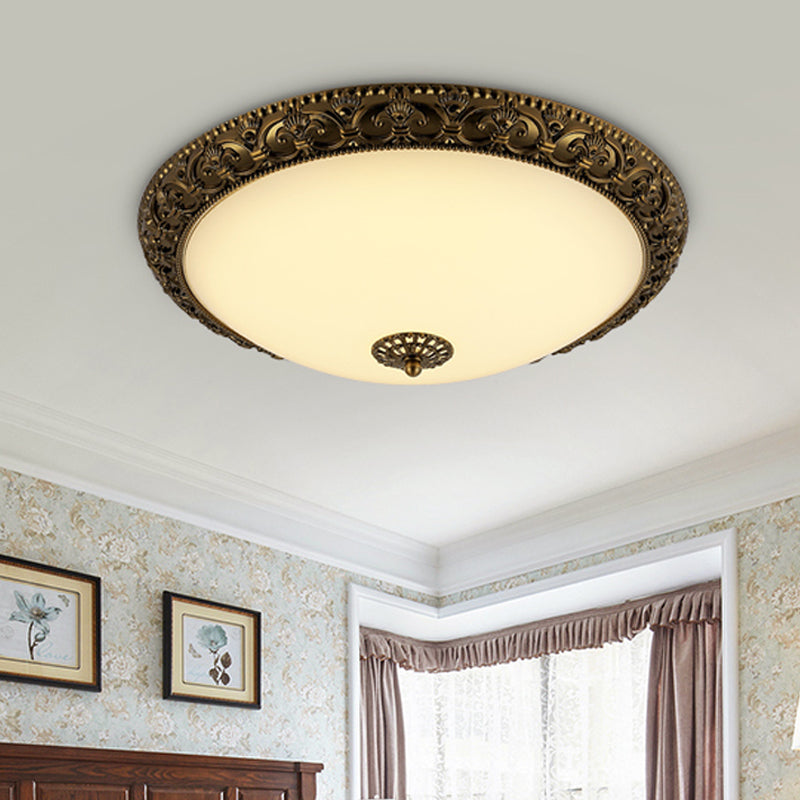 Frosted Glass Ceiling Fixture - Rustic Led Bedroom Flush Mount Lighting In Brass (Bowl Design