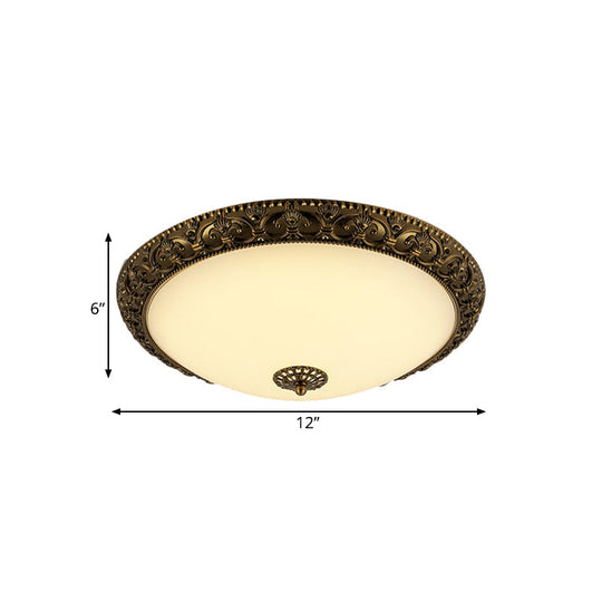 Frosted Glass Ceiling Fixture - Rustic Led Bedroom Flush Mount Lighting In Brass (Bowl Design