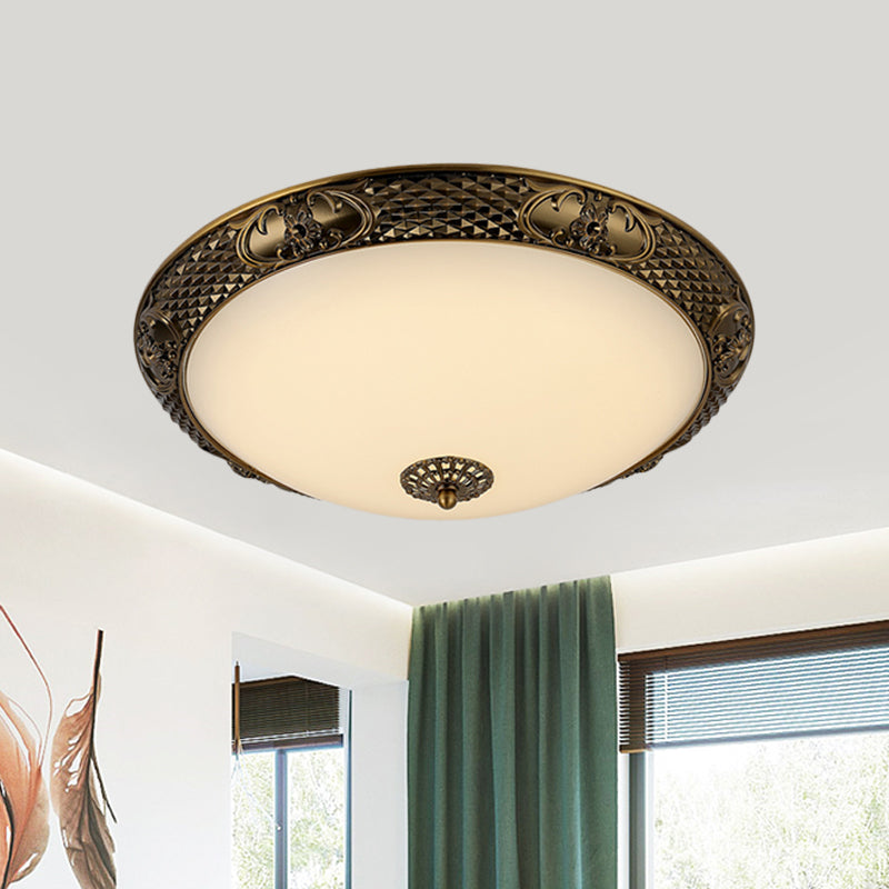 Frosted Glass Ceiling Fixture - Rustic Led Bedroom Flush Mount Lighting In Brass (Bowl Design