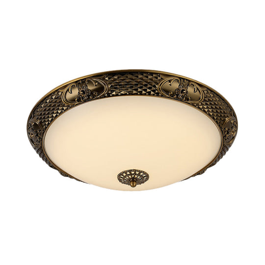 Frosted Glass Ceiling Fixture - Rustic Led Bedroom Flush Mount Lighting In Brass (Bowl Design