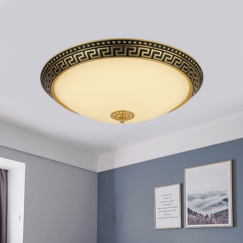 Frosted Glass Ceiling Fixture - Rustic Led Bedroom Flush Mount Lighting In Brass (Bowl Design