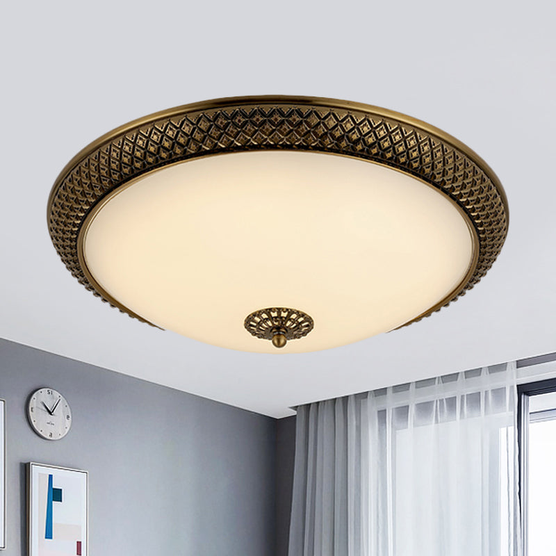 Traditional White Glass Led Bedroom Ceiling Lamp - Brass Domed Flush Mount Lighting (12’/16’/19.5’)