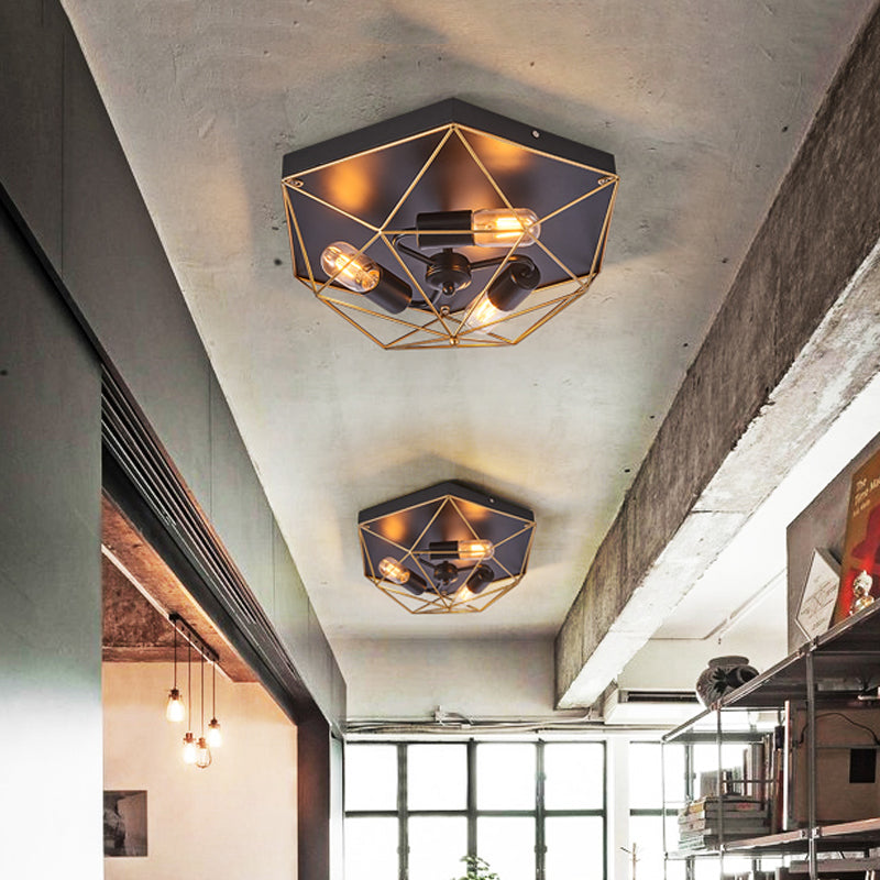 Traditional Metal Prism Cage Foyer Ceiling Light Black Flush Mount Fixture With 3 Heads