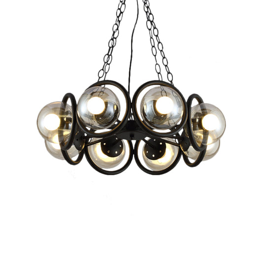 Industrial Black Chandelier Light With Clear Glass Globes And Round Cage - 6/8 Bulbs Pendant Fixture
