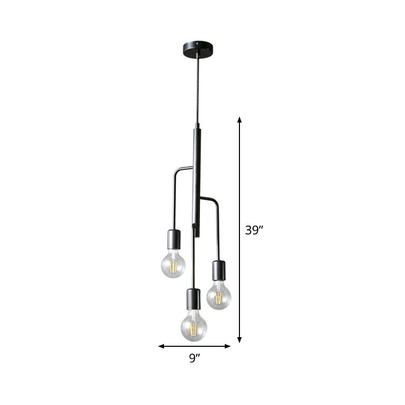 Iron Industrial Chandelier Pendant Light With Black Bare Bulb - 3 Heads Hanging Lamp For Living Room