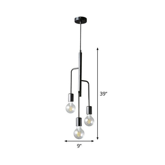 Industrial Iron Black Chandelier Pendant Light - 3 Heads Bare Bulb Hanging Lamp For Living Room