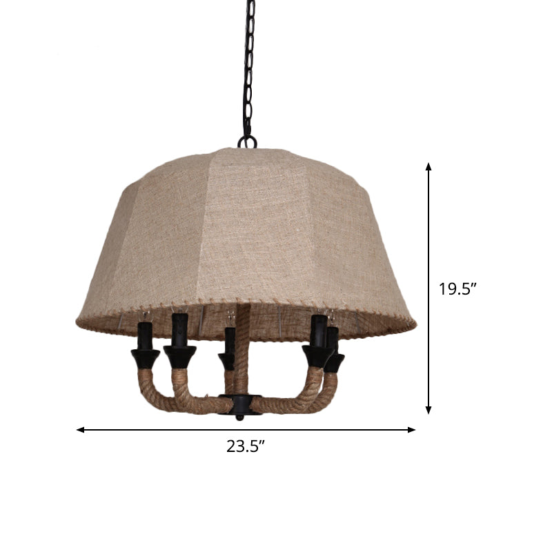 Vintage Domed Chandelier Light With 5 Fabric Suspension Lamps - Brown & Hemp Rope