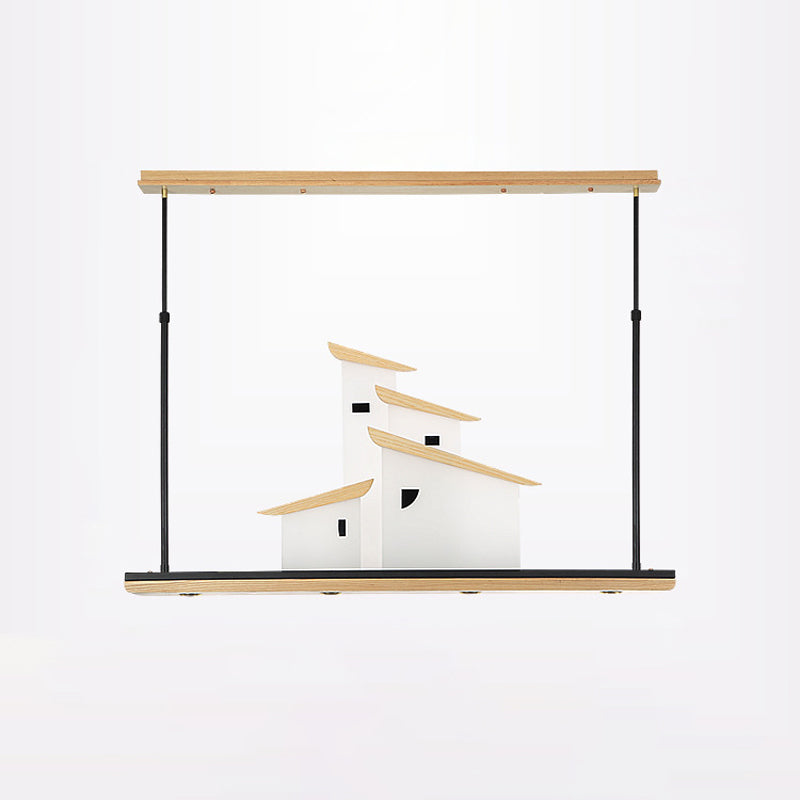 Art Deco Island Pendant Ceiling Light Led Metal Fixture In White With Wood Bracket - Warm/White