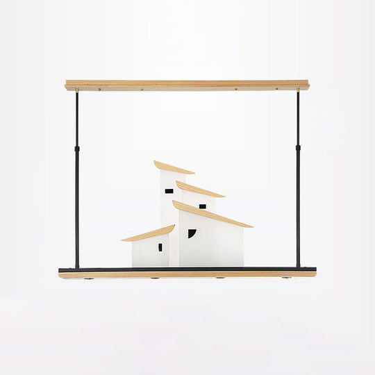 Art Deco Island Pendant Ceiling Light Led Metal Fixture In White With Wood Bracket - Warm/White