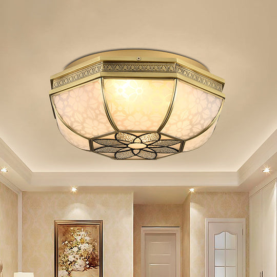 Frosted Glass Gold Flush Mount Ceiling Fixture With Flower Pattern - 4 - Light Colonial Metal Design