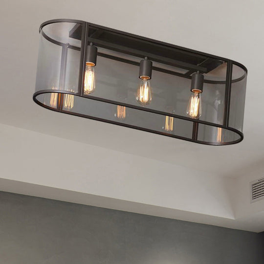 3 - Head Flush Mount Light: Metal Warehouse Corridor Lighting With Oval Clear Glass Shade In