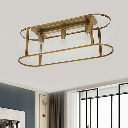 3 - Head Flush Mount Light: Metal Warehouse Corridor Lighting With Oval Clear Glass Shade In