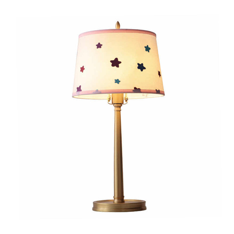 Monica - Modern Drum Fabric Table Lamp 1 Light Nightstand Lighting In Brass With Pentagram Pattern