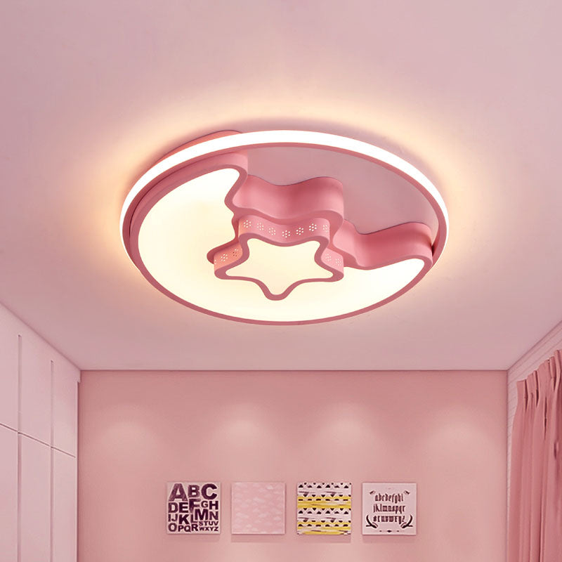 Nordic Led Ceiling Fixture With Moon And Star Flush Mount Spotlight: White/Pink/Blue Acrylic Shade