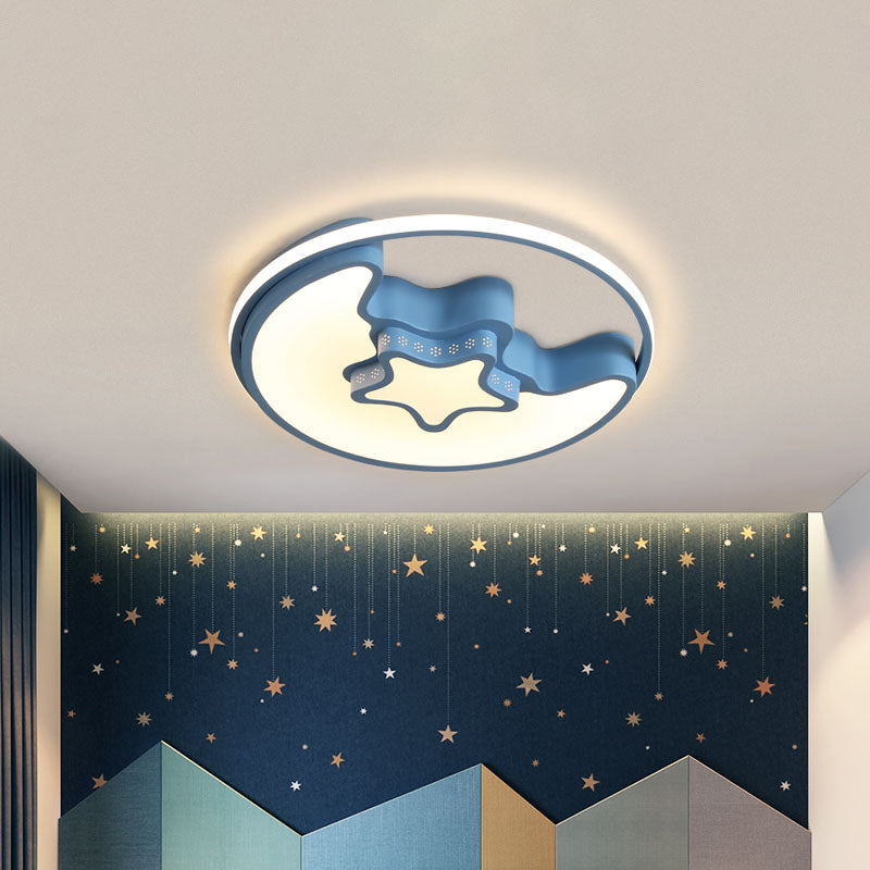 Nordic Led Ceiling Fixture With Moon And Star Flush Mount Spotlight: White/Pink/Blue Acrylic Shade