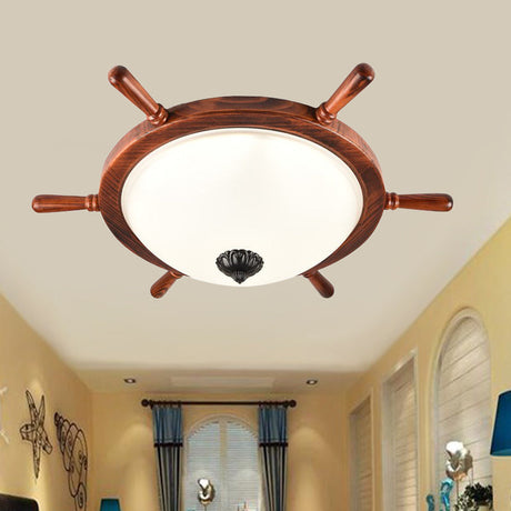 Rural Style Wood Frame 2-Light Flush Mount With Opal Glass Bowl Shade Brown